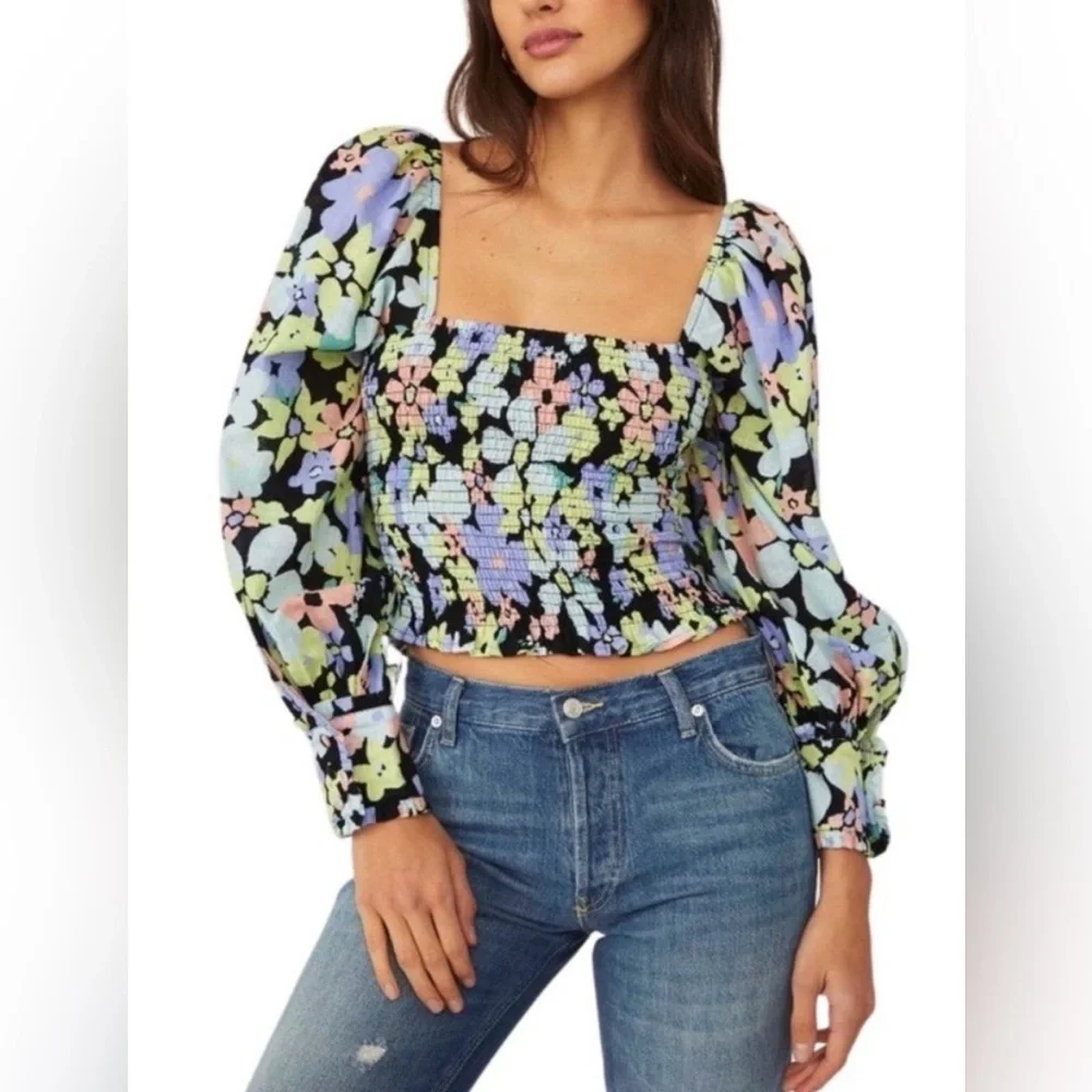 FREE PEOPLE Ariana Floral Puff Sleeve Top Cotton Cropped Blouse Size XS